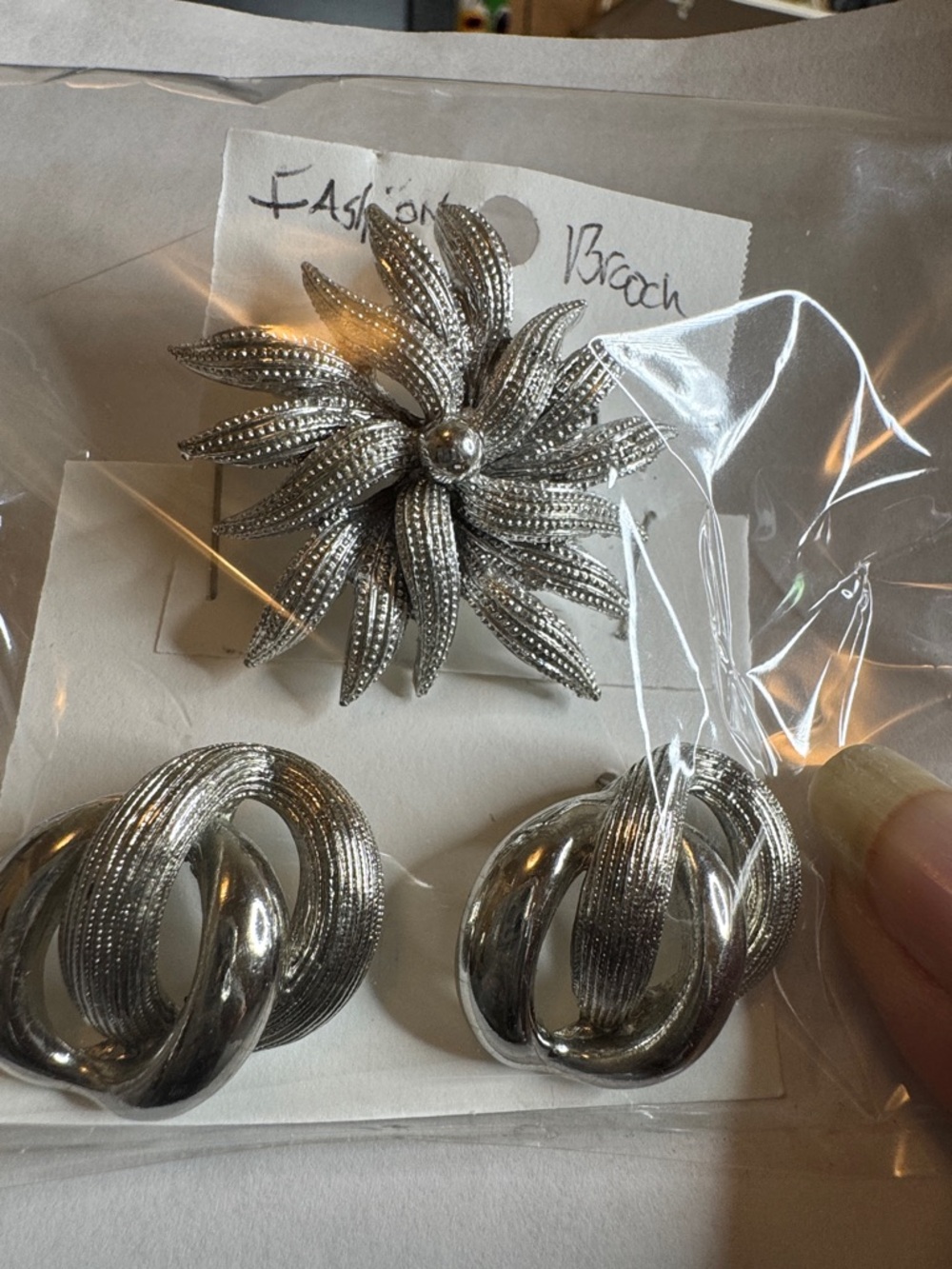 Vintage Silver-Tone Floral Brooch and Knot Clip-On Earrings